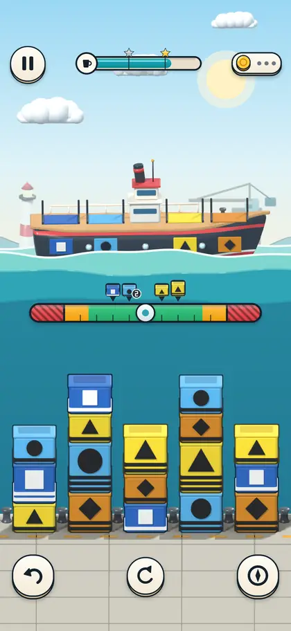 Animation: a blue crate flies from the dock onto the ship's deck, and the ship tilts to one side as it lands.