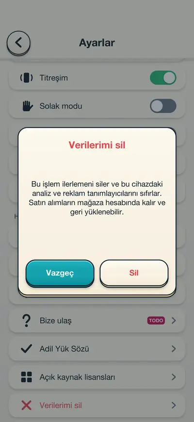 Oyun içi Ayarlar ekranı; “Verilerimi sil” onay penceresi açık, İptal ve Sil düğmeleri görünüyor.