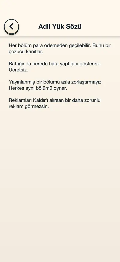 Oyunun içindeki Adil Yük Sözü ekranı: çözülebilirlik, ücretsiz tekrar ve zorluk hakkında dört madde.